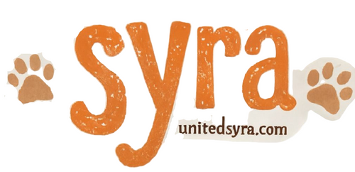 Syra logo in a textured orange font, with the website unitedsyra.com underneath. Two brown paw prints flank the name on either side.