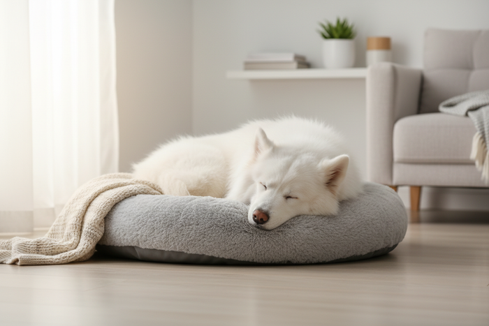 one white dog sleep comfortably on its bed